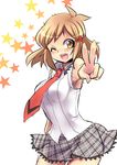  :d armpits blush brown_eyes brown_hair kouji_(kari) lydian_academy_uniform necktie one_eye_closed open_mouth school_uniform senki_zesshou_symphogear short_hair skirt smile solo star tachibana_hibiki_(symphogear) v 