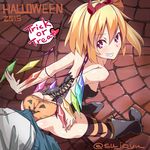  ass back-print_panties bare_arms bare_shoulders bent_over blonde_hair boots bulge clothes_writing commentary_request corset cross-laced_footwear demon_horns erection erection_under_clothes fake_horns flandre_scarlet frottage grin hairband halloween halloween_costume heart heart-shaped_pupils hetero horns jack-o'-lantern knee_boots looking_at_viewer looking_back no_pants orange_panties panties pants pink_eyes pov print_panties sett shirt side_ponytail smile solo_focus striped striped_legwear sushoyushi sweat symbol-shaped_pupils thighhighs thighs touhou trick_or_treat underwear wings 