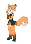  2015 4_fingers anthro bottomless brown_nose canine clothed clothing digital_media_(artwork) female fox fr0styryan fur hair half-dressed mammal multicolored_fur notebook orange_fur paws pen pussy simple_background solo standing taleir two_tone_fur white_background wide_hips 