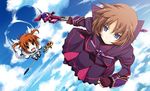 bad_id bad_pixiv_id blue_eyes brown_hair chasing cloud cloudy_sky day fingerless_gloves flying gloves luciferion lyrical_nanoha magazine_(weapon) magical_girl mahou_shoujo_lyrical_nanoha mahou_shoujo_lyrical_nanoha_a's mahou_shoujo_lyrical_nanoha_a's_portable:_the_battle_of_aces mahou_shoujo_lyrical_nanoha_innocent material-s multiple_girls purple_eyes raising_heart red_hair shikei sky stern_starks takamachi_nanoha 