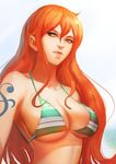  ahoge bikini breasts brown_eyes cloud cloudy_sky collarbone green_bikini large_breasts long_hair looking_at_viewer nami_(one_piece) narongchai_singhapand one_piece orange_hair outdoors sky solo striped striped_bikini swimsuit tattoo upper_body 