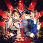  1girl absurdres aqua_eyes bad_id bad_pixiv_id blonde_hair blood brother_and_sister eyepatch gloves hat highres jewelry kagamine_len kagamine_rin military military_hat military_uniform necklace rising_sun school_uniform senbon-zakura_(vocaloid) serafuku shirt shorts siblings sitting skirt sleeves_past_wrists striped striped_legwear sunburst thighhighs uniform vima vocaloid white_gloves 