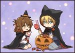  1girl animal_hood aqua_eyes black_border blonde_hair border brown_eyes brown_hair candy cape cat_hood crossover finearts folded_ponytail food halloween hat hood inazuma_(kantai_collection) jack-o'-lantern kantai_collection lollipop mini_hat mini_witch_hat open_mouth school_uniform seiza serafuku sitting smile touken_ranbu witch_hat yamanbagiri_kunihiro 