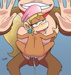  anal balls blonde_hair blush cum dixie_kong donkey_kong_(character) donkey_kong_(series) duo female hair jewelry male male/female mammal monkey nintendo open_mouth orgasm penis primate smile video_games 