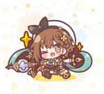  1girl ;d atelier_(series) atelier_ryza atelier_ryza_1 bare_shoulders beret black_gloves blush_stickers boots braid breasts brown_boots brown_eyes brown_hair chibi cleavage commentary_request fang floral_background gloves grey_thighhighs hat highres key large_breasts looking_at_viewer mitarashi_neko one_eye_closed red_shorts reisalin_stout shirt short_shorts shorts single_thighhigh sleeveless sleeveless_shirt smile solo sparkle star_(symbol) thighhighs thighhighs_under_boots white_background white_hat white_shirt 