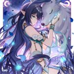  1girl absurdres antlers bare_shoulders blue_eyes blue_hair bracelet breasts chinese_commentary closed_mouth commentary_request crescent_moon deer_antlers falling_petals floating_hair flower genshin_impact hair_over_one_eye hands_up highres horns jewelry large_breasts lauma_(genshin_impact) long_hair moon night official_art petals pointy_ears sky smile star_(sky) starry_sky very_long_hair white_flower 