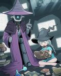  1girl 3others android barefoot beaker book braid capelet cloak collar commentary hat highres hospital_gown indian_style long_hair monitor multiple_others original robot sitting takurada twin_braids wand witch_hat 