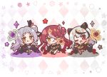  3girls ;d ;q absurdres argyle_background black_dress black_gloves black_hair black_shoes blush_stickers brown_pantyhose chibi closed_mouth colored_shadow commentary_request dress fang gloves grey_hair hair_bun highres holding holding_wand hololive houshou_marine mahou_shoujo_holowitch! mitarashi_neko multicolored_hair multiple_girls murasaki_shion one_eye_closed orange_eyes pantyhose red_eyes red_hair sakamata_chloe shadow shoes single_side_bun smile standing standing_on_one_leg streaked_hair tongue tongue_out two_side_up virtual_youtuber wand 