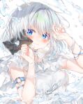  1girl aimi_(mimi_nii2) arm_strap bare_arms bare_shoulders bead_bracelet beads blue_choker blue_eyes blurry blurry_foreground blush bracelet breasts choker crying crying_with_eyes_open dress envelope eyes_visible_through_hair fingernails from_below hair_between_eyes hair_intakes hands_up heart highres holding holding_envelope jewelry light_particles looking_at_viewer messy_hair multiple_bracelets o-ring o-ring_arm_strap original pale_skin raised_inner_eyebrows ribbon ribbon-trimmed_dress ribbon_trim short_hair sidelocks simple_background skindentation sleeveless sleeveless_dress small_breasts solo swept_bangs tareme tears translation_request upper_body water white_background white_dress white_hair white_ribbon 