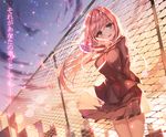  aile_(crossroads) arms_behind_back backlighting blush building cityscape fence floating_hair green_eyes head_tilt long_hair long_sleeves looking_at_viewer megurine_luka necktie parted_lips pink_hair pleated_skirt red_neckwear school_uniform skirt sky skyscraper solo standing star_(sky) starry_sky sunlight sunset translated vocaloid wind 