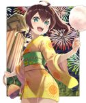  1girl aerial_fireworks ahoge alternate_costume aqua_eyes blush brown_hair commentary_request cotton_candy cowboy_shot double-parted_bangs fireworks floral_print floral_print_kimono flower food green_sash hair_between_eyes hair_flower hair_ornament highres holding holding_cotton_candy holding_food holding_kinchaku hololive japanese_clothes kimono looking_at_viewer medium_hair natsuiro_matsuri night obi obijime obon open_mouth outdoors outside_border print_kimono sash short_kimono side_ponytail sky solo summer_festival sunflower sunflower_hair_ornament tokumaro virtual_youtuber yagura_(platform) yellow_kimono yukata 