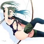  alternate_breast_size arrow black_legwear black_panties bow_(weapon) breasts brown_eyes flight_deck green_hair highres kantai_collection medium_breasts panties remodel_(kantai_collection) solo tebi_(tbd11) thighhighs torn_clothes twintails underwear weapon zuikaku_(kantai_collection) 