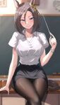  1girl air_groove_(umamusume) analog_clock animal_ears black_pantyhose black_skirt blue_eyes blurry blurry_background bow bra_visible_through_clothes breasts brown_hair buttons chalkboard classroom cleavage clock collarbone collared_shirt commentary_request commission desk ear_bow grin highres holding holding_pointer horse_ears horse_girl horse_tail indoors large_breasts looking_at_viewer medium_hair on_desk pantyhose pencil_skirt pointer shirt short_sleeves sitting skeb_commission skirt smile solo tail take978733141 teacher umamusume wall_clock watch white_shirt wristwatch yellow_bow 