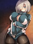  black_legwear blue_eyes blush breasts buruma cleavage cleavage_cutout covering covering_crotch hair_ornament hair_over_one_eye hairclip hamakaze_(kantai_collection) highres jacket kantai_collection large_breasts pantyhose pantyhose_under_buruma short_hair silver_hair solo thighband_pantyhose torisan track_jacket 