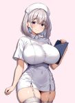  1girl asanagi_shion blue_hair blunt_ends blush breasts clipboard closed_mouth collared_dress commentary_request covered_navel cowboy_shot curvy dress garter_straps gradient_hair grey_hair hair_between_eyes hat highres holding holding_clipboard large_breasts looking_at_viewer mole mole_under_eye multicolored_hair nurse nurse_cap original pink_background purple_eyes short_sleeves simple_background smile solo taut_clothes taut_dress thighhighs white_dress white_garter_straps white_thighhighs 