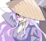  1girl ajirogasa animal_ears breasts brown_hat cleavage commentary_request e.o. forbidden_scrollery hat highres large_breasts long_hair looking_at_viewer medicine_box official_alternate_costume open_mouth purple_hair rabbit_ears rabbit_girl red_eyes reisen_udongein_inaba shaded_face smile solo touhou very_long_hair 