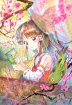  1girl ascot bird book bow branch brown_eyes brown_hair cherry_blossoms curtains detached_sleeves flower frilled_bow frilled_shirt_collar frills green_bird hair_bow hakurei_reimu hashtag-only_commentary highres holding holding_book long_hair long_sleeves medinki pink_flower red_bow red_shirt ribbon-trimmed_sleeves ribbon_trim shirt sleeveless sleeveless_shirt solo table touhou traditional_media window yellow_ascot 