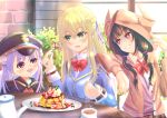  3girls absurdres asakura_karen_(heaven_burns_red) black_hair blonde_hair bow bowtie braid commentary_request cup eating food fork fruit green_eyes heaven_burns_red highres holding holding_fork hood hoodie kettle kunimi_tama looking_at_another low_twintails multiple_girls pink_hair red_eyes school_uniform strawberry strawberry_slice teacup toujou_tsukasa twintails user_gmzs7558 
