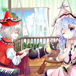  album_cover blanket blonde_hair blue_eyes blue_hair blue_sky closed_eyes cloud cover cup curtains day finger_to_mouth flute hat instrument keyboard_(instrument) looking_at_viewer lunasa_prismriver lying lyrica_prismriver makuwauri merlin_prismriver multiple_girls on_side one_eye_closed pillow shirt shushing siblings silver_hair sisters skirt skirt_set sky table teacup teapot touhou trumpet violin window 