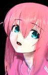  black_background blue_eyes bocchi_the_rock! commentary_request gotoh_hitori highres isago_ganma long_hair looking_at_viewer looking_to_the_side open_mouth pink_hair pink_track_suit portrait simple_background track_suit 