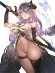  aos bare_shoulders black_gloves blue_eyes bottomless breasts demon_horns draph elbow_gloves gloves granblue_fantasy hair_over_one_eye highres horns large_breasts lavender_hair long_hair narmaya_(granblue_fantasy) navel pointy_ears pussy pussy_juice sideboob simple_background single_thighhigh solo thighhighs thighs white_background 