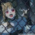  1girl amane61115 bare_shoulders black_choker blunt_bangs braid braided_sidelocks brown_hair brown_shirt chain-link_fence character_name choker collarbone commentary_request cone_hair_bun double_bun fence hair_bun happy_birthday kachimachi_kosuzu link!_like!_love_live! looking_at_viewer love_live! open_mouth outdoors reboot_(love_live!) red_eyes shirt sleeveless sleeveless_shirt solo v-shaped_eyebrows virtual_youtuber 