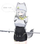  ... 1girl absurdres arknights arknights:_endfield arms_behind_back bandaid bandaid_on_cheek bandaid_on_face black_romper blue_eyes breasts bright_pupils closed_mouth commentary_request cowboy_shot crop_top cropped_jacket estella_(arknights) expressionless grey_tail hat highres holding jacket korean_commentary long_sleeves looking_at_viewer medium_breasts medium_hair romper simple_background solo spoken_ellipsis standing tail white_background white_hair white_hat white_jacket white_pupils zoadragon33 