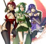  3girls :d absurdres akatsuki_(ensemble_stars!) black_hair black_thighhighs bow bowtie breasts capelet choker cleavage cleavage_cutout clothing_cutout commentary_request cowboy_shot crescent cross-laced_clothes cross-laced_top curtained_hair dress earrings ensemble_stars! frilled_capelet frilled_dress frilled_thighhighs frills genderswap genderswap_(mtf) glasses green_capelet green_eyes green_kimono grey-framed_eyewear grin groin hair_between_eyes hair_slicked_back hand_on_own_chest hasumi_keito highres holding holding_sword holding_weapon idol japanese_clothes jewelry kanzaki_souma katana kimono kimono_dress kiryu_kuro korean_commentary leaf_print leg_up long_hair long_sleeves looking_at_viewer m8nstruckluv mandarin_collar maple_leaf_print multicolored_hair multiple_earrings multiple_girls obi off-shoulder_dress off_shoulder parted_bangs parted_lips pelvic_curtain ponytail purple_bow purple_bowtie purple_choker purple_eyes rectangular_eyewear red_hair red_sash red_tube_top sanpaku sash see-through_clothes see-through_sleeves sheath sheathed short_hair shoulder_cutout shoulder_tilt sidelocks single_thighhigh skindentation smile spiked_hair strapless streaked_hair sword thighhighs tube_top v-shaped_eyebrows weapon 