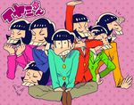  black_hair buck_teeth facial_hair formal heart heart_in_mouth highres higure_(kaminosita) indian_style iyami lying male_focus matsuno_osomatsu multiple_boys multiple_persona mustache on_stomach one_eye_closed osomatsu-kun osomatsu-san polka_dot polka_dot_background purple_background role_reversal sextuplets shading_eyes sitting suit sweatdrop title_parody 