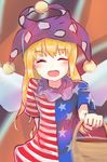  american_flag_dress ba9ked blonde_hair blush closed_eyes clownpiece commentary_request fairy_wings halloween happy hat jester_cap long_hair looking_at_viewer open_mouth short_sleeves smile solo touhou trick_or_treat upper_body wings 
