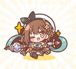  1girl ;d atelier_(series) atelier_ryza atelier_ryza_1 bare_shoulders beret black_gloves blush_stickers boots braid breasts brown_boots brown_eyes brown_hair chibi cleavage commentary_request fang gloves grey_thighhighs hat highres key large_breasts looking_at_viewer mitarashi_neko one_eye_closed red_shorts reisalin_stout shirt short_shorts shorts single_thighhigh sleeveless sleeveless_shirt smile solo sparkle sunburst sunburst_background thighhighs thighhighs_under_boots white_hat white_shirt 