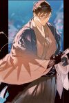  1boy absurdres aqua_haori brown_hair brown_kimono fate/grand_order fate_(series) fighting_stance grey_hakama hair_between_eyes hair_pulled_back hakama haori highres japanese_clothes katana kimono long_hair_between_eyes looking_at_viewer nasubi_illust outside_border pillarboxed ready_to_draw sheath sheathed solo sword weapon yamanami_keisuke_(fate) yamanami_keisuke_(third_ascension)_(fate) 