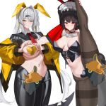  2girls absurdres alternate_costume animal_ear_hairband animal_ears bangboo_(zenless_zone_zero) black_choker black_hair black_hiphighs black_shrug blush breasts brown_pantyhose choker closed_mouth colored_inner_hair commentary ellen_joe english_commentary fake_animal_ears fins fish_tail gong_dol_hong grey_hair hairband heart heart-shaped_boob_challenge heart_hands heart_maebari heart_pasties highres hiphighs holding_own_leg jacket jacket_partially_removed large_breasts leg_up long_hair looking_at_viewer maebari maid_headdress metal_hairband mole mole_under_eye multicolored_hair multiple_girls navel necktie pantyhose pasties playboy_bunny rabbit_ear_hairband rabbit_ears razor_blade_hair_ornament red_eyes red_necktie reverse_bunnysuit reverse_outfit safety_(zenless_zone_zero) shark_girl shark_tail short_hair shrug_(clothing) simple_background single_hair_intake smile spiked_headband split standing standing_on_one_leg standing_split stomach sweat tail white_background yellow_eyes yellow_jacket yixuan_(zenless_zone_zero) zenless_zone_zero 