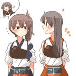  akagi_(kantai_collection) alternate_hairstyle black_hair breastplate brown_hair cosplay eye_contact kaga_(kantai_collection) kaga_(kantai_collection)_(cosplay) kantai_collection long_hair looking_at_another lowres multiple_girls rebecca_(keinelove) shirt side_ponytail skirt smile sparkle yuri 