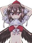  bra breasts brown_hair cleavage hands_on_own_head hat hikawa_shou looking_at_viewer medium_breasts navel pointy_ears pom_pom_(clothes) red_eyes shameimaru_aya shirt_lift shirt_pull smile solo touhou underwear wings 