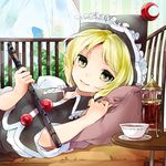  album_cover blonde_hair blue_sky cover cup curtains flute hat instrument looking_at_viewer lunasa_prismriver lying makuwauri on_side pillow shirt skirt sky smile solo table teacup teapot touhou window yellow_eyes 