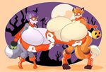  2015 anthro big_breasts breasts canine cleavage clothed clothing duo erect_nipples female fox full_moon halloween holidays huge_breasts hyper hyper_breasts jaeh mammal moon nipple_bulge nipples post_transformation wolf 
