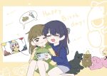  3girls :d ;) animalization anyoji_hime blue_shorts blue_sweater blush cake cellphone colored_speech_bubble commentary dog dollchestra food gonzales_(love_live!) green_hood green_shorts happy_birthday hasu_no_shousankaku holding holding_phone hood hood_down hoodie iphone kachimachi_kosuzu kachimachi_kosuzu_(summer_loungewear) link!_like!_love_live! long_sleeves love_live! mole mole_on_neck momose_ginko multiple_girls multiple_views murano_sayaka murano_sayaka_(summer_loungewear) nasu-san_(love_live!) one_eye_closed open_mouth phone pink_dog print_sweater shorts sitting smartphone smile speech_bubble spoken_food stuffed_dinosaur stuffed_eggplant stuffed_tomato stuffed_toy sweater tomati_(love_live!) tomato_print untranslatable_commentary virtual_youtuber white_background wolf yellow_hoodie yugiri_tsuzuri yugiri_tsuzuri_(post-graduation) zueka27 