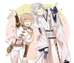  :q ^_^ black_gloves blonde_hair closed_eyes finger_gun gloves hood izumi_(nagashi) japanese_clothes leaning_forward male_focus monoyoshi_sadamune multiple_boys official_art open_mouth partly_fingerless_gloves pom_pom_(clothes) smile star suspenders tongue tongue_out touken_ranbu tsurumaru_kuninaga white_hair yellow_eyes 