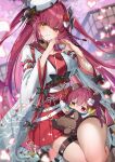  1girl :3 artist_name black_bow bow breasts closed_mouth commentary_request fish hair_ornament hat hat_bow heart heart_hands heterochromia highres hololive houshou_kumarine houshou_marine houshou_marine_(11th_costume) japanese_clothes large_breasts long_hair red_eyes red_hair shuri_(84k) thigh_strap twitter_username two_side_up watermark white_hat yellow_eyes 