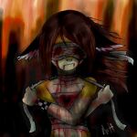 anthro armband ash_fox_(skeleion) bandage bandage_on_face blood blood_from_mouth blood_in_mouth blue_nose bodily_fluids brown_hair canid canine female fluffy_ears fox frown fur gore hair heart_symbol low_res mammal multicolored_body multicolored_fur sad skeleion solo strangling yellow_body yellow_fur