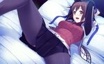  bdsm bed belt black_legwear black_skirt bondage bound bound_wrists brown_hair imminent_rape jacket jpeg_artifacts kokuro_nozomi_(female) lying on_back open_clothes open_jacket pantyhose pillow pleated_skirt scared skirt solo tel-o yamiyo_ni_odore 