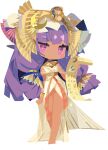  1girl alternate_costume ancient_egyptian_clothes artist_request blush closed_mouth crescent crescent_hat_ornament dress full_body game_cg hat hat_ornament highres holding holding_scroll long_hair looking_at_viewer mob_cap non-web_source official_art patchouli_knowledge pink_eyes purple_hair scroll self-datamine solo tan tohotopia touhou transparent_background usekh_collar very_long_hair white_dress 