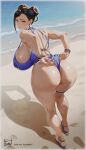  1girl absurdres adjusting_clothes adjusting_swimsuit alternate_breast_size_(larger) anklet ass backless_swimsuit beach bead_bracelet beads belly_chain black_hair blue_flower blue_one-piece_swimsuit blush bracelet breasts brown_eyes brown_hair chun-li closed_mouth clothes_pull commentary_request double_bun earrings flower from_behind full_body glint hair_bun hair_flower hair_ornament highres huge_breasts jewelry kneepits leaning_forward lips looking_at_viewer looking_back nail_polish ocean official_alternate_costume one-piece_swimsuit one-piece_swimsuit_pull outdoors pink_lips pink_nails sand sandals signature smile solo standing street_fighter street_fighter_6 swimsuit thigh_strap thighs toenail_polish toenails tomo_eokaiteru waves wet 