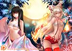  artist_name bamboo bandages bare_shoulders black_hair bow breasts budget_sarashi collarbone fire fujiwara_no_mokou full_moon hair_between_eyes hair_bow houraisan_kaguya kaorihero long_hair low-tied_long_hair medium_breasts midriff moon multiple_girls navel night night_sky no_shirt off_shoulder parted_lips patreon_logo patreon_username petals red_eyes red_legwear sarashi short_shorts shorts silver_hair sky standing star_(sky) starry_sky suspenders thighhighs touhou underboob watermark web_address 