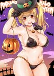  armpits bikini blonde_hair blush breasts cleavage covered_nipples finger_to_mouth food_themed_hair_ornament ganari_ryuu gloves hair_ornament halloween hat headphones highres large_breasts looking_at_viewer navel nitroplus open_mouth orange_eyes plump pumpkin pumpkin_hair_ornament short_hair sketch smile solo super_pochaco swimsuit twintails witch_hat 