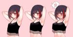  1girl armpits arms_behind_head arms_up bang_dream! bangs bare_arms bare_shoulders black_hair blush breast_expansion camisole chino_machiko closed_mouth commentary crop_top embarrassed eyebrows_visible_through_hair groin hands_up mitake_ran multicolored_hair multiple_views navel open_mouth pink_background pink_eyes short_hair simple_background stomach streaked_hair sweatdrop symbol_commentary upper_body variations 