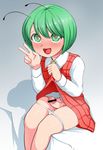  antennae ascot blush censored cosplay crossdressing genderswap genderswap_(ftm) green_eyes green_hair heart heart-shaped_pupils highres kazami_yuuka kazami_yuuka_(cosplay) male_focus open_mouth penis plaid plaid_skirt plaid_vest sadahiro_(chicken_nugget_gyuuniku_aji) sitting skirt skirt_lift skirt_set smile solo symbol-shaped_pupils touhou v vest wriggle_nightbug 