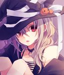  halloween hat highres kuroi_(liar-player) long_hair original red_eyes silver_hair solo witch_hat 