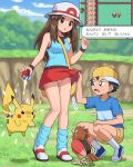  1boy 1girl absurdres bird black_hair blue_shirt blush breasts brown_eyes brown_hair bucket_hat clothes_lift hat highres holding holding_poke_ball leaf_(pokemon) long_hair loose_socks medium_breasts open_mouth panties pikachu poke_ball poke_ball_(basic) pokemoa pokemon pokemon_(creature) pokemon_frlg porkpie_hat red_skirt shirt skirt skirt_lift sleeveless sleeveless_shirt socks spearow underwear white_hat wristband yellow_bag youngster_(pokemon) 